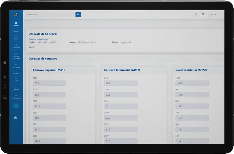 Screenshot of concave wear form on PIPER Enterprise Forms